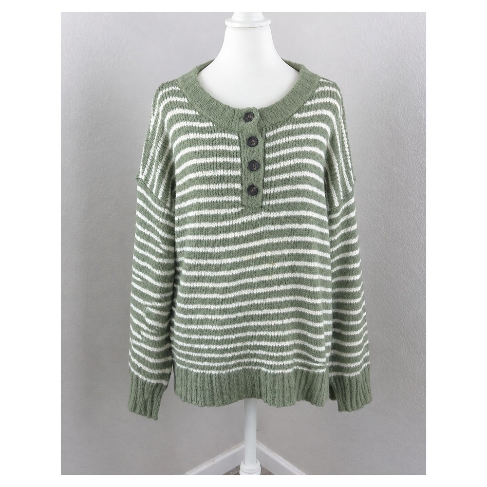American Eagle Jegging Fit Green White Striped Henley Oversized Sweater L